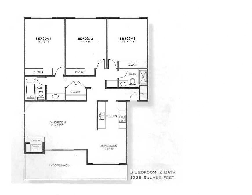 Floor plan for 3 beds, 2 baths, 1335 sqft